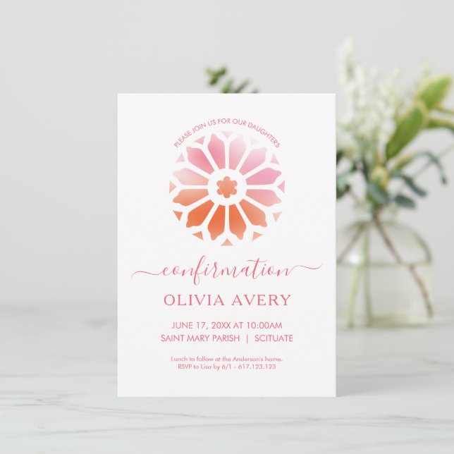 Rosette, Pink Confirmation Invitation (Standing Front)