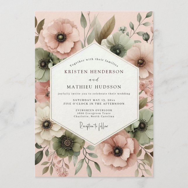 Rosewater Muted Flora Wedding Invitation (Front)