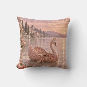 Rosewater Swan Boat Romantic Sunset Lake Throw Pillow