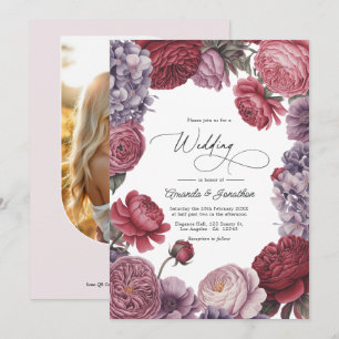 Rosewood and Dusty Lavender Floral Wedding Photo Invitation
