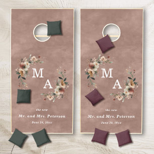 Rosewood Pink Cottagecore Wedding Monogram Cornhole Set