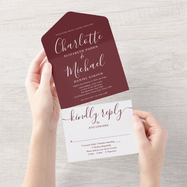 Rosewood Pink Elegant Signature Script Wedding All In One Invitation (Tearaway)