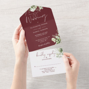 Rosewood Pink Floral Greenery Monogram Wedding All In One Invitation