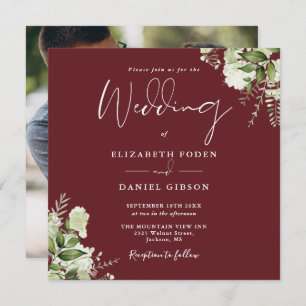 Rosewood Pink Greenery Floral Photo Square Wedding Invitation