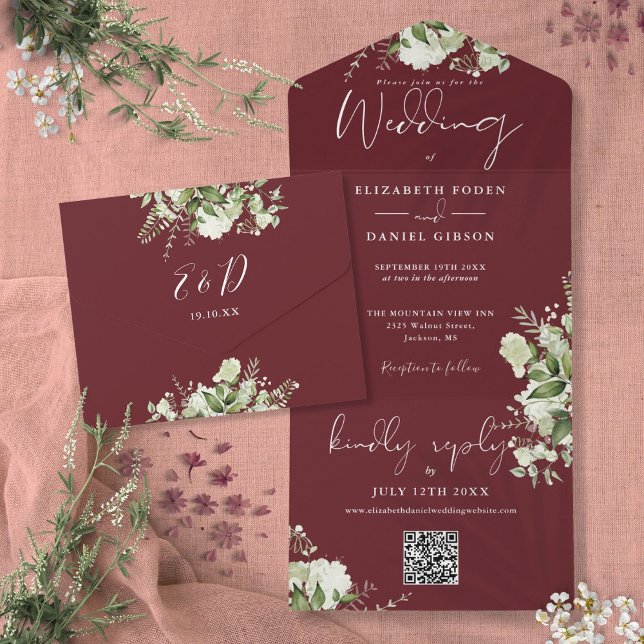 Rosewood Pink Greenery QR Code Monogram Wedding All In One Invitation (Rosewood Pink Greenery QR Code Monogram Wedding All In One Invitation)