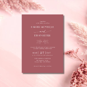 Rosewood & White Holly Tree Leaves Clean Wedding Invitation