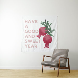Rosh Hashana Jewish New Year Wishes w. Pomegranate Tapestry