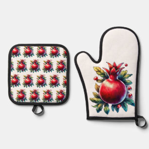 Rosh Hashana Water color Red Pomegranate Oven Mitt & Pot Holder Set