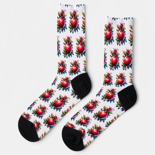Rosh Hashana Water color Red Pomegranate  Socks (Left)