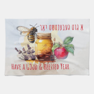Rosh Hashana Yiddish Greetings Honey Apple Kitchen Towel