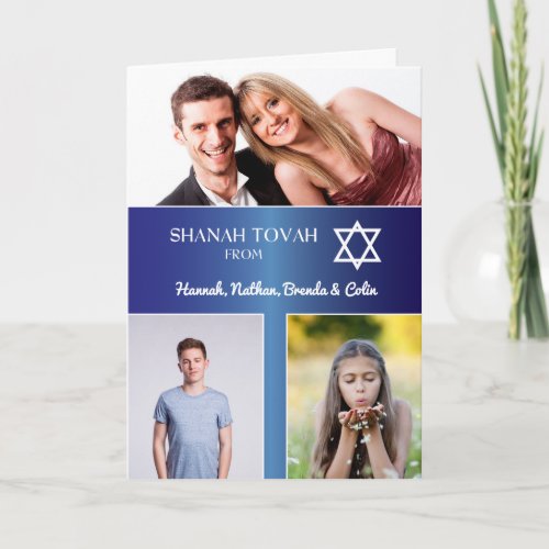 Rosh Hashanah 3 Photo Name Blue Gradient Effect Holiday Card