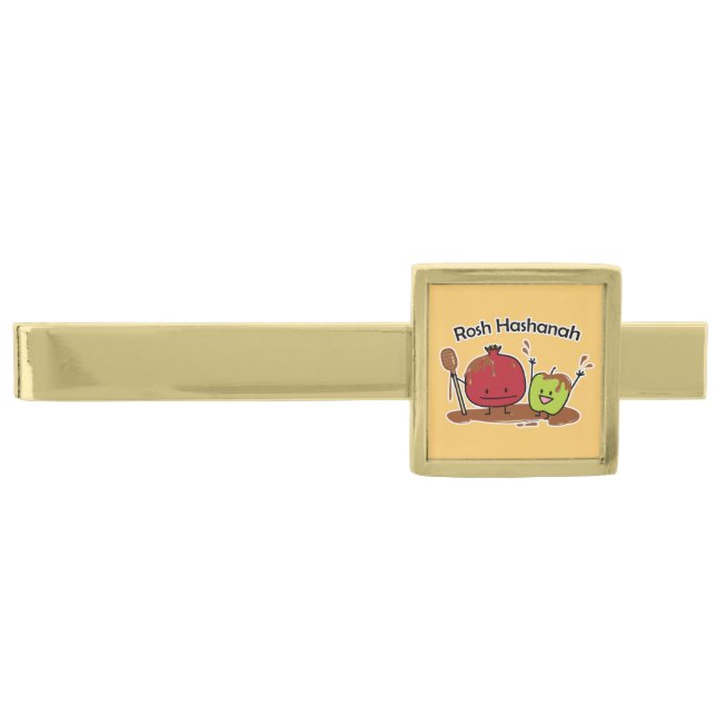 Rosh Hashanah apple pomegranate honey Jewish new Gold Finish Tie Bar (Front)