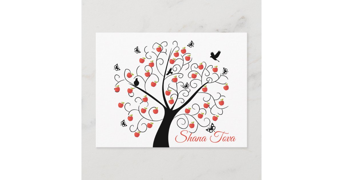 Rosh Hashanah Apple Tree with Birds & Butterflies Postcard | Zazzle