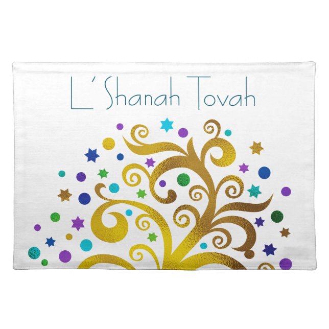 Rosh Hashanah Blue & Gold Chic Modern Tree of Life Cloth Placemat (Front)