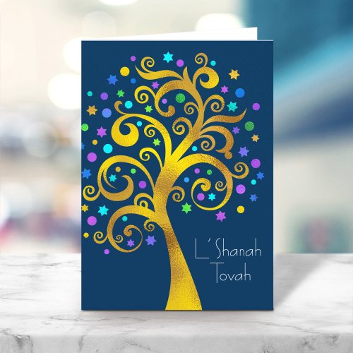 Rosh Hashanah Blue Gold Foil Tree of Life on Navy Card