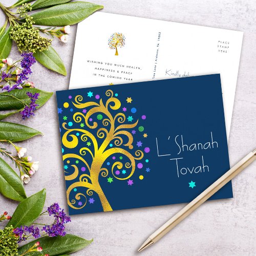Rosh Hashanah Blue Gold Foil Tree of Life on Navy Holiday Postcard