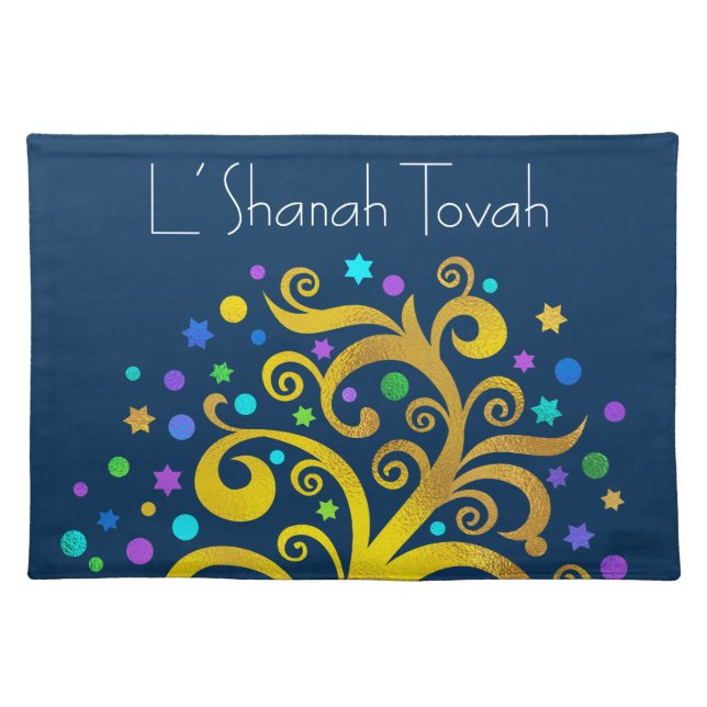 Rosh Hashanah Blue Gold Modern Tree of Life, Navy Cloth Placemat (Front)