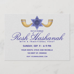 Rosh Hashanah Blue Star of David and Gold Shofars Invitation