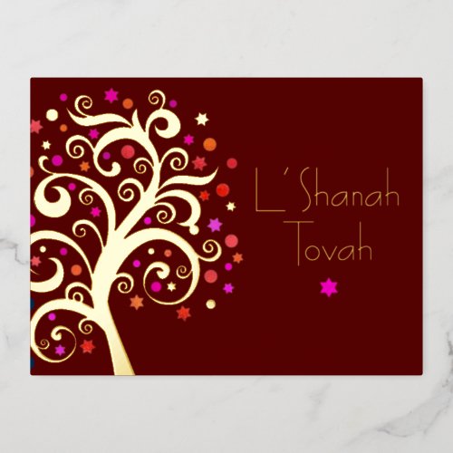 Rosh Hashanah Burgundy Red Tree of Life Real Gold  Foil Holiday Postcard