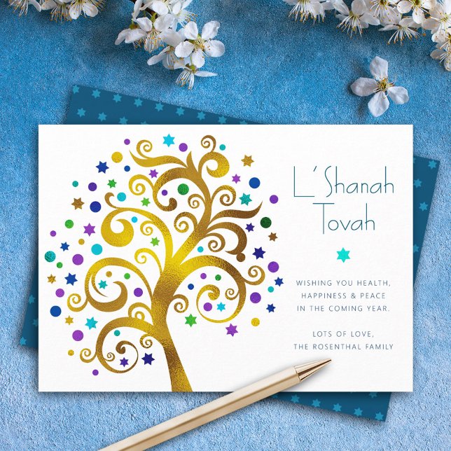 Rosh Hashanah Gold and Blue Foil Tree of Life Flat Holiday Card (Creator Uploaded)