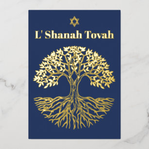 Rosh Hashanah Gold Foil Tree of Life Blue Foil Holiday Card