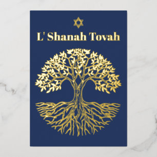 Rosh Hashanah Gold Foil Tree of Life Blue Holiday Card