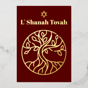 Rosh Hashanah Gold Foil Tree of Life Burgundy Foil Holiday Card
