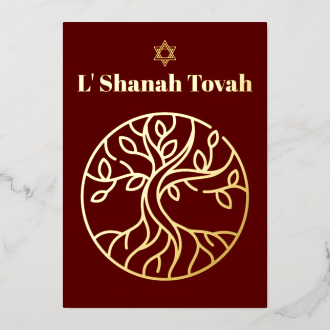 Rosh Hashanah Gold Foil Tree of Life Burgundy Foil Holiday Card (Front)