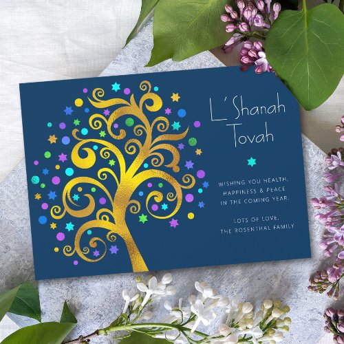 Rosh Hashanah Gold Foil Tree of Life Navy Modern Holiday Card