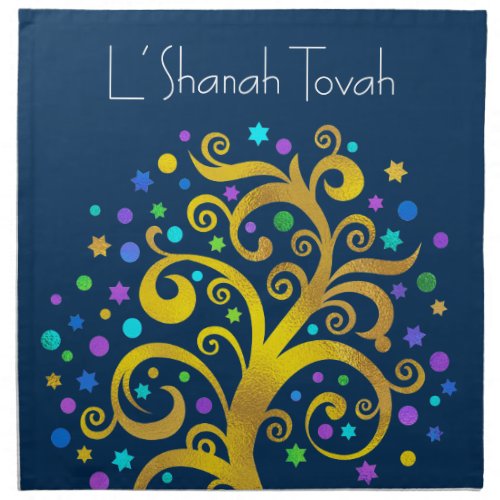 Rosh Hashanah Gold Tree of Life Navy Challah Cover Cloth Napkin