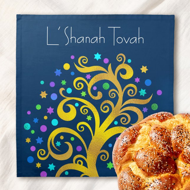 Rosh Hashanah Gold Tree of Life Navy Challah Cover Cloth Napkin (Creator Uploaded)