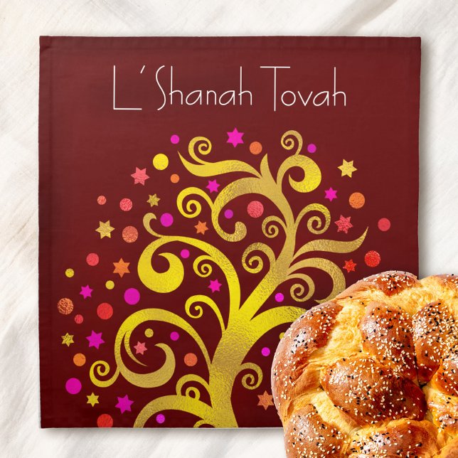 Rosh Hashanah Gold Tree of Life Red Challah Cover Cloth Napkin (Creator Uploaded)