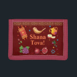 Rosh Hashanah Jewish New Year Shana Tova Trifold Wallet<br><div class="desc">Happy Rosh Hashanah Jewish New Year Holiday symbols greeting, L'Shanah Tovah! Greeting - card. Torah, Honey and apple, shofar, pomegranate, star of David on white ornamental vintage background, Rosh Hashana, Shana Tova! traditional fruits, autumn, sukkot. Judaica. Hand Drawn Watercolor. Accessories > Bags & Wallets > Wallets & Money Clips >...</div>