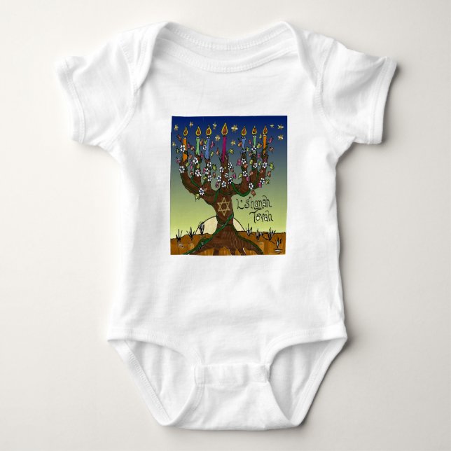 Rosh Hashanah L'Shanah Tovah Tree Of Life Menorah Baby Bodysuit (Front)