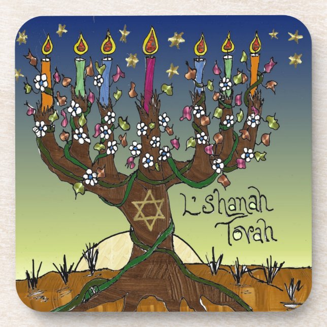 Rosh Hashanah L'Shanah Tovah Tree Of Life Menorah Beverage Coaster (Front)
