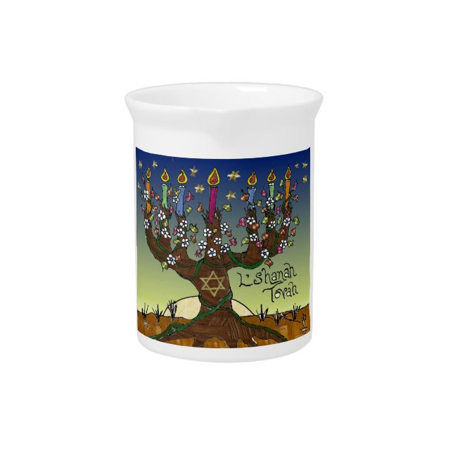 Rosh Hashanah L'Shanah Tovah Tree Of Life Menorah Beverage Pitcher (Front)