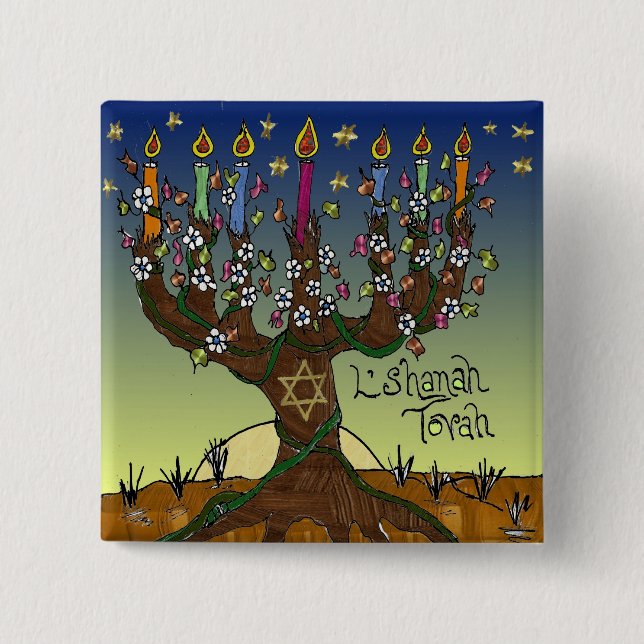 Rosh Hashanah L'Shanah Tovah Tree Of Life Menorah Button (Front)