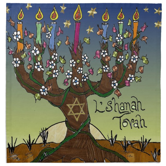 Rosh Hashanah L'Shanah Tovah Tree Of Life Menorah Cloth Napkin (Front)