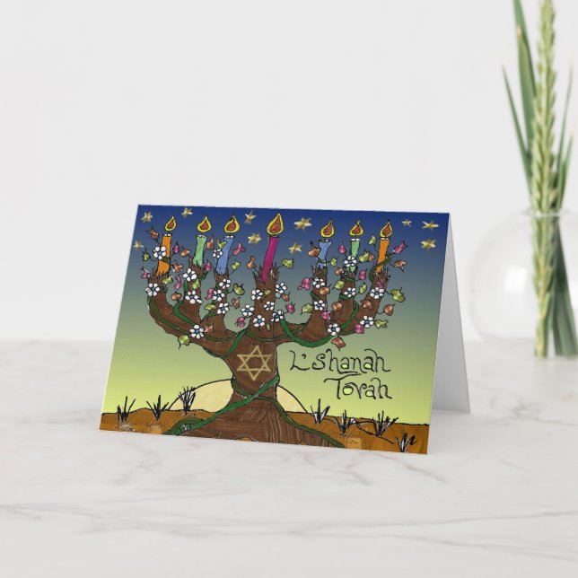 Rosh Hashanah L'Shanah Tovah Tree Of Life Menorah Holiday Card (Front)