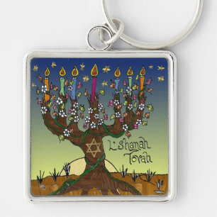 Rosh Hashanah L'Shanah Tovah Tree Of Life Menorah Keychain