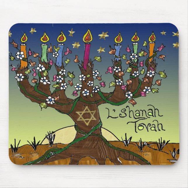 Rosh Hashanah L'Shanah Tovah Tree Of Life Menorah Mouse Pad (Front)