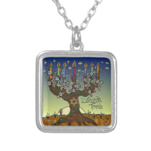 Rosh Hashanah L'Shanah Tovah Tree Of Life Menorah Silver Plated Necklace