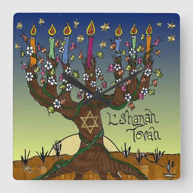 Rosh Hashanah L'Shanah Tovah Tree Of Life Menorah Square Wall Clock (Front)