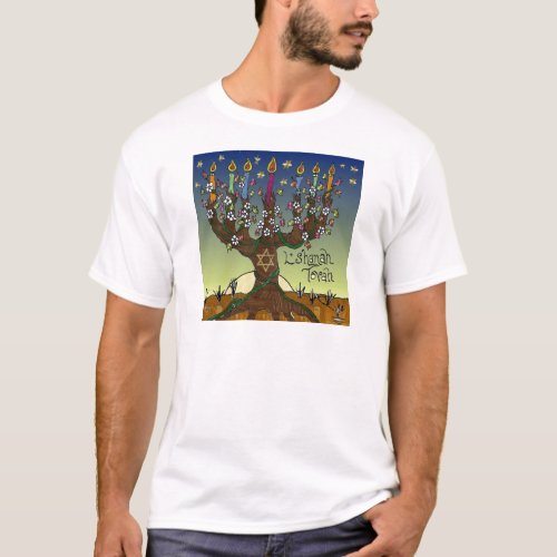 Rosh Hashanah LShanah Tovah Tree Of Life Menorah T_Shirt