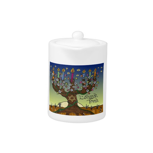 Rosh Hashanah L'Shanah Tovah Tree Of Life Menorah Teapot (Front)