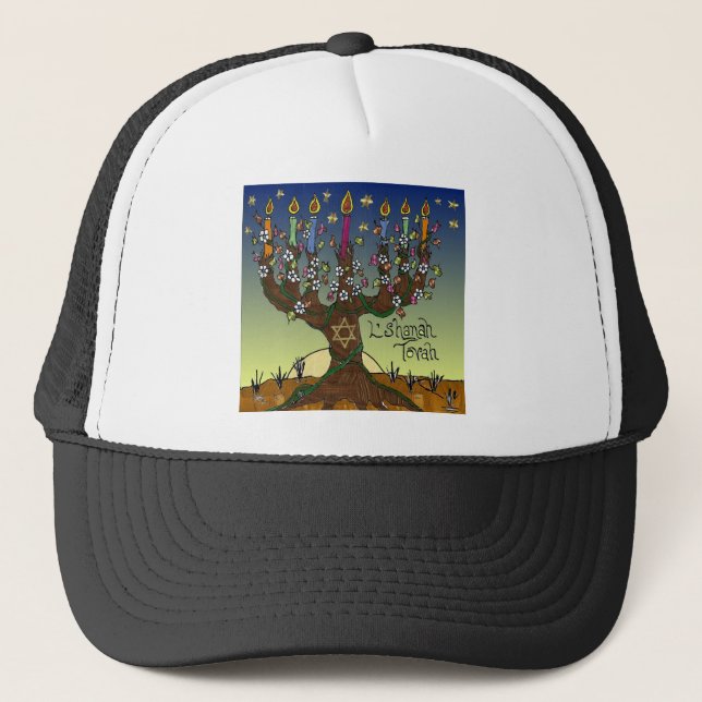 Rosh Hashanah L'Shanah Tovah Tree Of Life Menorah Trucker Hat (Front)