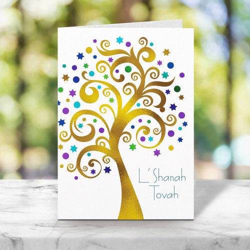 Rosh Hashanah Modern Blue Gold Foil Tree of Life Card