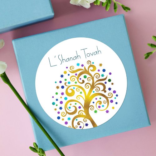 Rosh Hashanah Modern Gold Blue Foil Tree of Life Classic Round Sticker