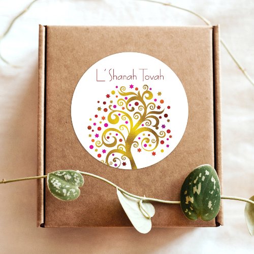 Rosh Hashanah Modern Gold Red Foil Tree of Life Classic Round Sticker