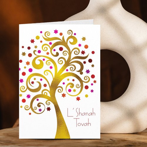 Rosh Hashanah Modern Red Gold Foil Tree of Life Card
